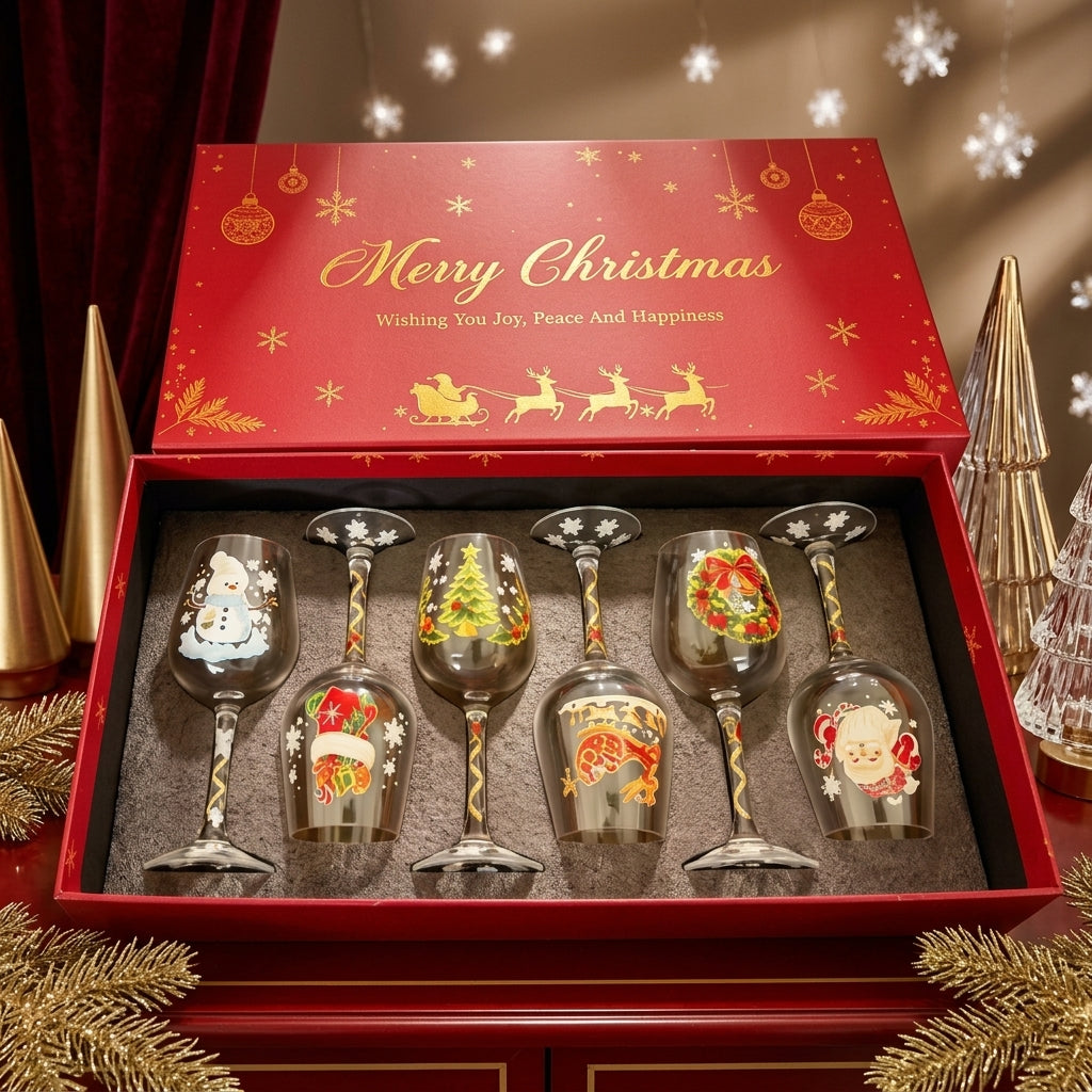 Set de 6 copas de vino navideñas de JollyVibe en caja de regalo