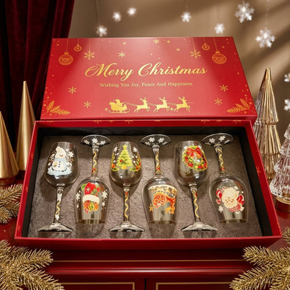 Set de 6 copas de vino navideñas de JollyVibe en caja de regalo
